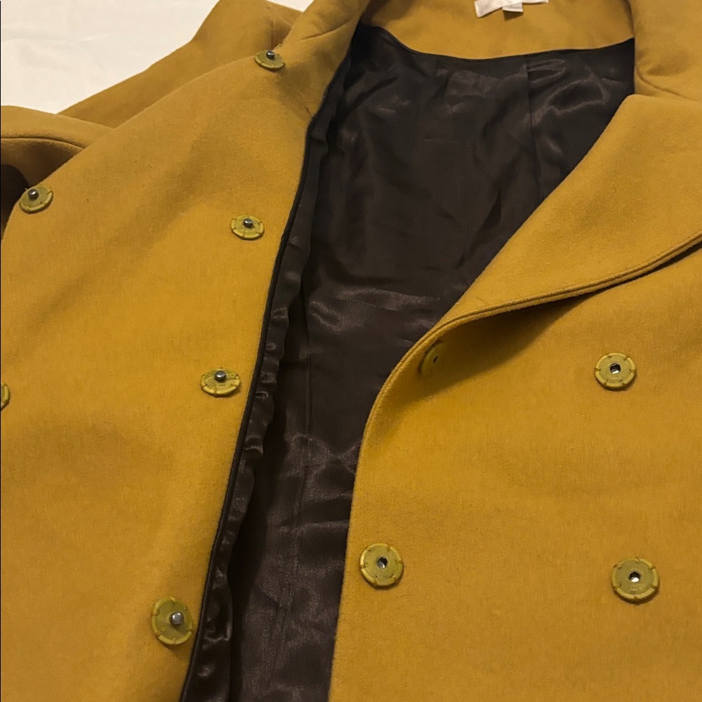 VTG Kenar Mustard cropped Trench Coat felt crossover wool blend SZ L belted - Picture 8 of 15